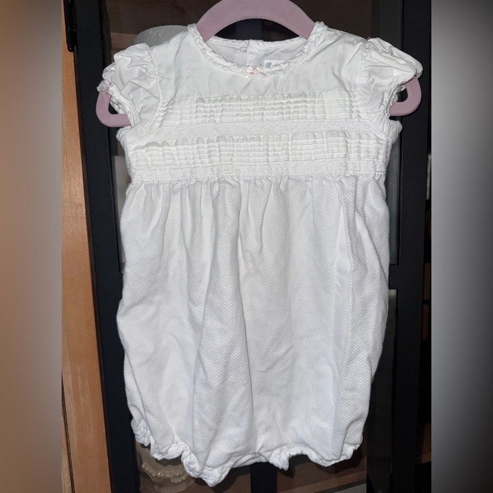 Ralph Lauren heirloom bubble romper lace smock bows ruffle baby girl puff sleeve